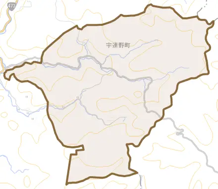 宇連野町とその周辺の地図。町の範囲を重ねている