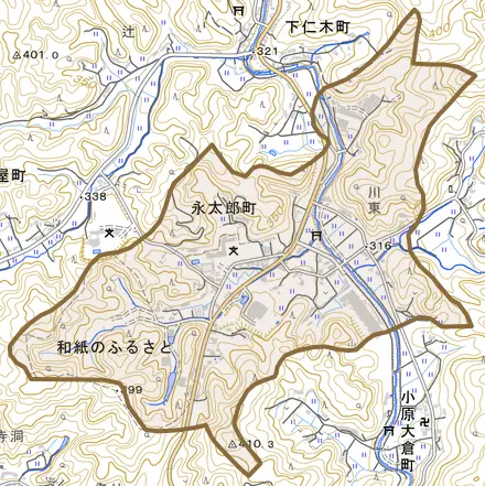 永太郎町とその周辺の地図。町の範囲を重ねている