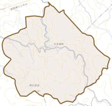 大多賀町とその周辺の地図。町の範囲を重ねている