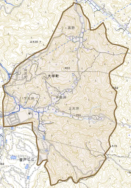 大坪町とその周辺の地図。町の範囲を重ねている