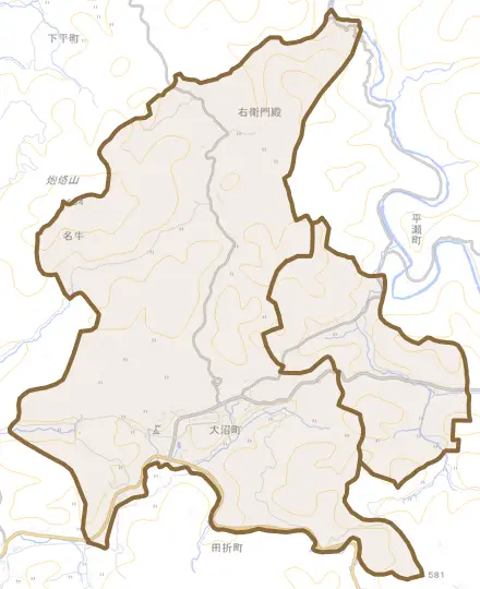 大沼町とその周辺の地図。町の範囲を重ねている