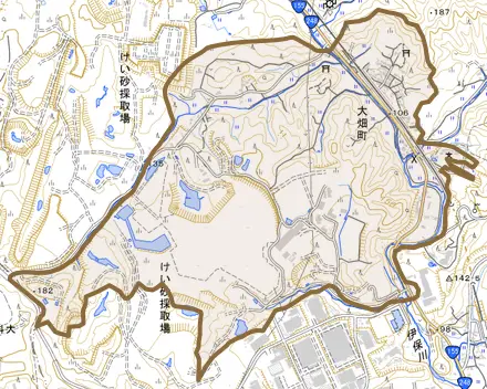 大畑町とその周辺の地図。町の範囲を重ねている