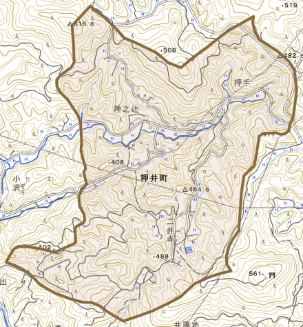 押井町とその周辺の地図。町の範囲を重ねている