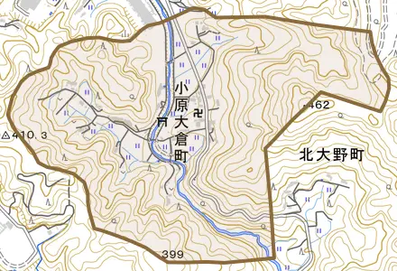 小原大倉町とその周辺の地図。町の範囲を重ねている