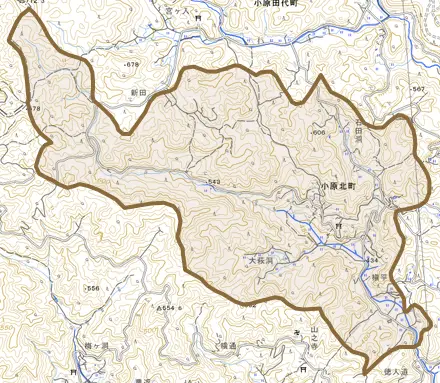 小原北町とその周辺の地図。町の範囲を重ねている