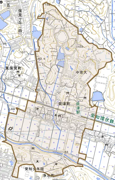 貝津町とその周辺の地図。町の範囲を重ねている