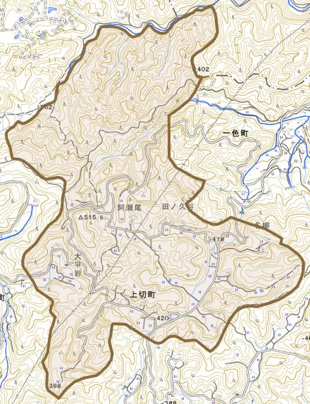 上切町とその周辺の地図。町の範囲を重ねている