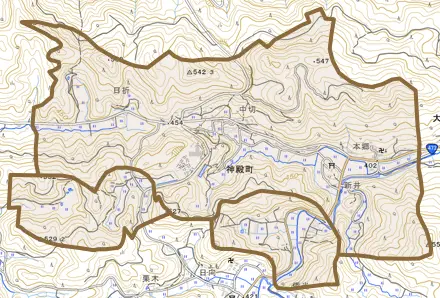 神殿町とその周辺の地図。町の範囲を重ねている