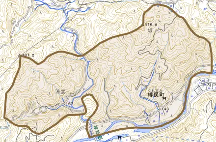 榑俣町とその周辺の地図。町の範囲を重ねている