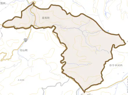 黒坂町とその周辺の地図。町の範囲を重ねている