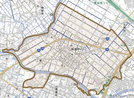 駒場町とその周辺の地図。町の範囲を重ねている