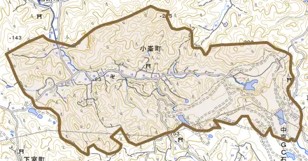 小峯町とその周辺の地図。町の範囲を重ねている