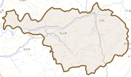 坂上町とその周辺の地図。町の範囲を重ねている