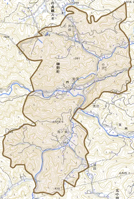 榊野町とその周辺の地図。町の範囲を重ねている