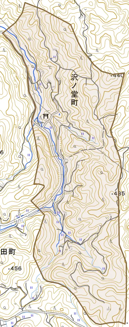 沢ノ堂町とその周辺の地図。町の範囲を重ねている
