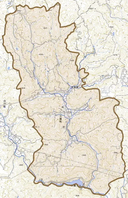 三箇町とその周辺の地図。町の範囲を重ねている