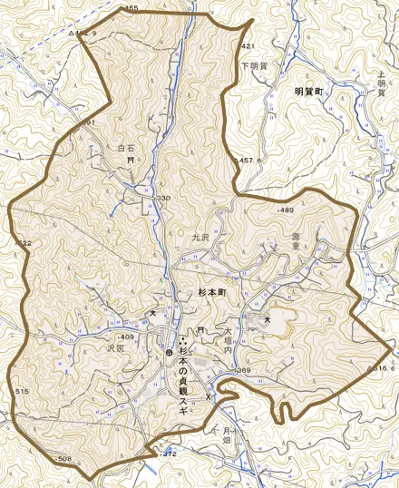 杉本町とその周辺の地図。町の範囲を重ねている