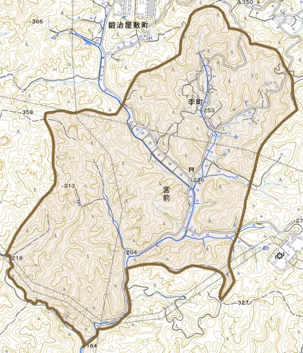 李町とその周辺の地図。町の範囲を重ねている