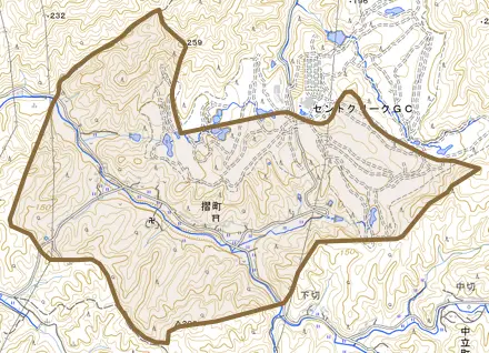 摺町とその周辺の地図。町の範囲を重ねている