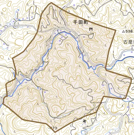 千田町とその周辺の地図。町の範囲を重ねている