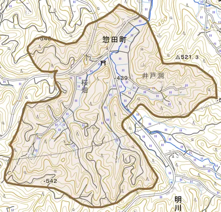 惣田町とその周辺の地図。町の範囲を重ねている
