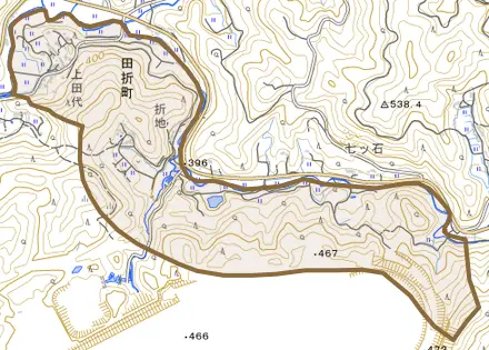 田折町とその周辺の地図。町の範囲を重ねている