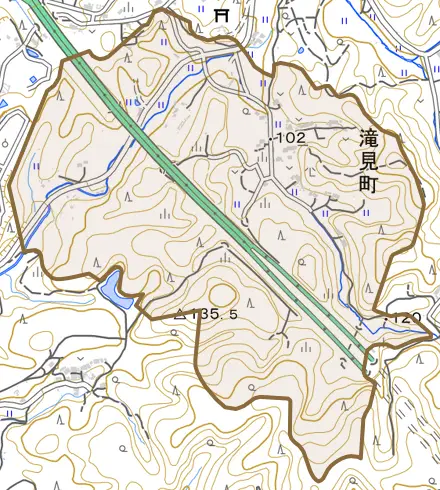 滝見町とその周辺の地図。町の範囲を重ねている