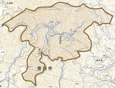 田津原町とその周辺の地図。町の範囲を重ねている