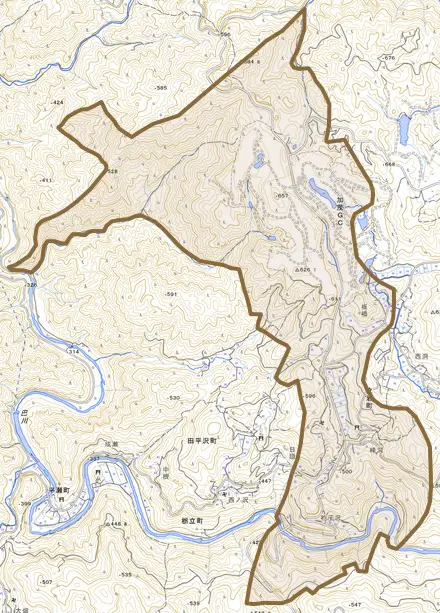 立岩町とその周辺の地図。町の範囲を重ねている