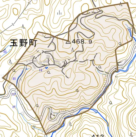 玉野町とその周辺の地図。町の範囲を重ねている