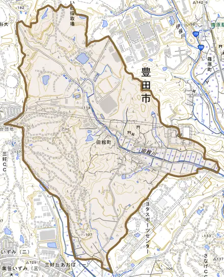 田籾町とその周辺の地図。町の範囲を重ねている
