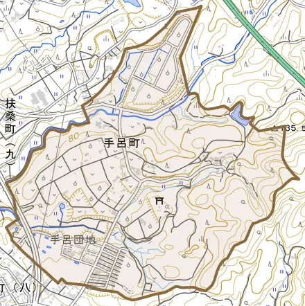 手呂町とその周辺の地図。町の範囲を重ねている