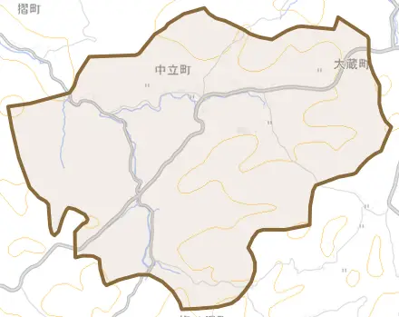 中立町とその周辺の地図。町の範囲を重ねている