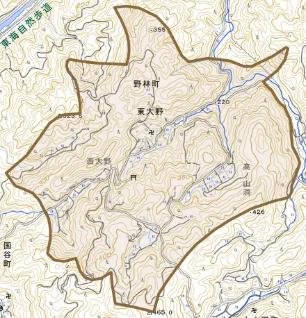 野林町とその周辺の地図。町の範囲を重ねている