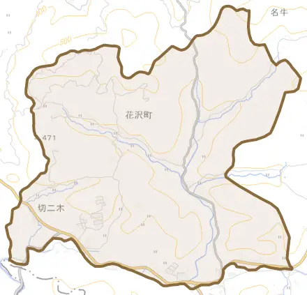 花沢町とその周辺の地図。町の範囲を重ねている