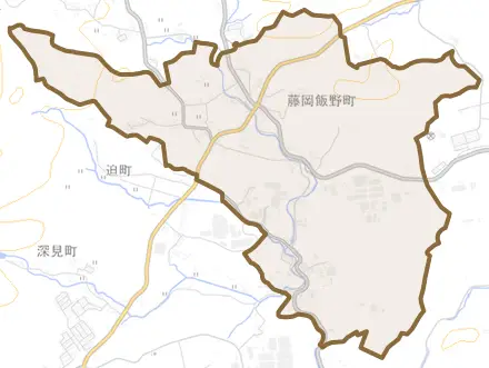 藤岡飯野町とその周辺の地図。町の範囲を重ねている