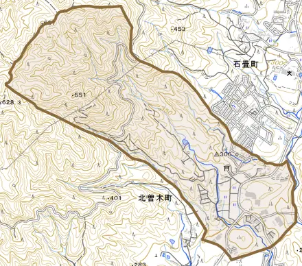 北曽木町とその周辺の地図。町の範囲を重ねている