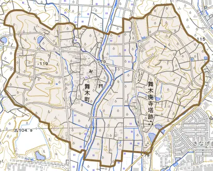 舞木町とその周辺の地図。町の範囲を重ねている