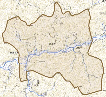 御蔵町とその周辺の地図。町の範囲を重ねている