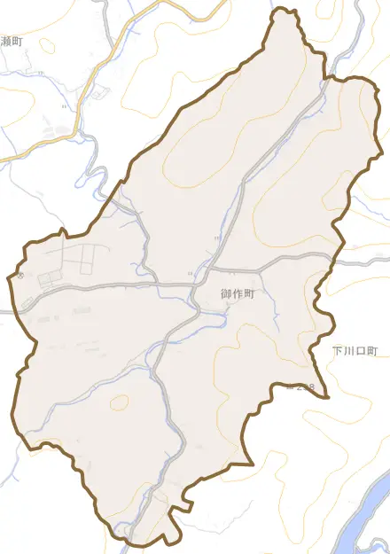 御作町とその周辺の地図。町の範囲を重ねている