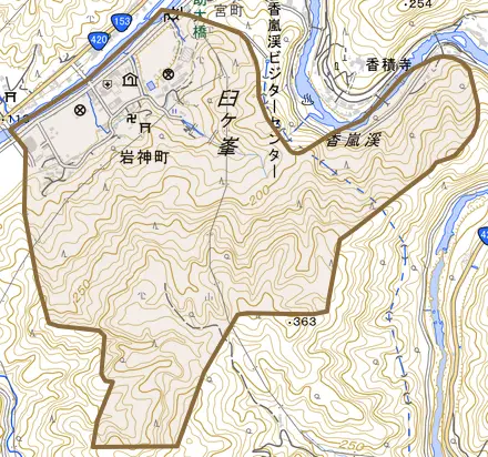 岩神町とその周辺の地図。町の範囲を重ねている