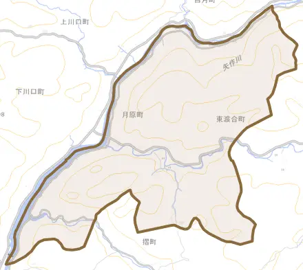 月原町とその周辺の地図。町の範囲を重ねている