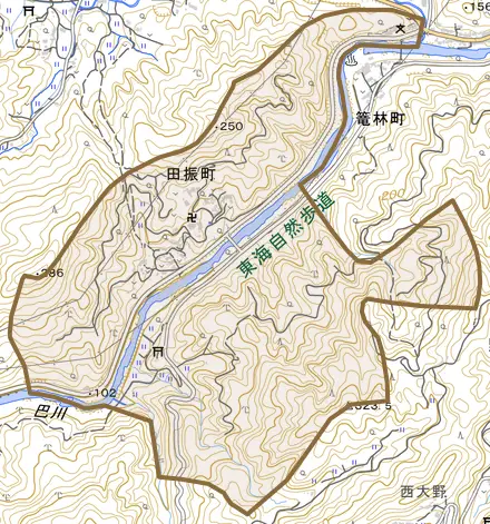 田振町とその周辺の地図。町の範囲を重ねている