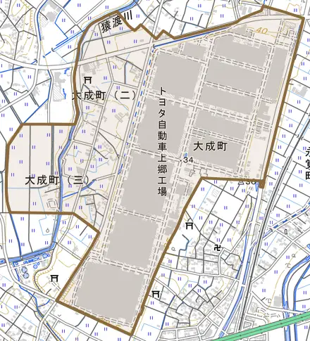 大成町とその周辺の地図。町の範囲を重ねている