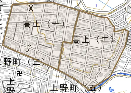 高上とその周辺の地図。町の範囲を重ねている