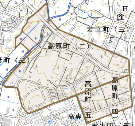 高原町とその周辺の地図。町の範囲を重ねている