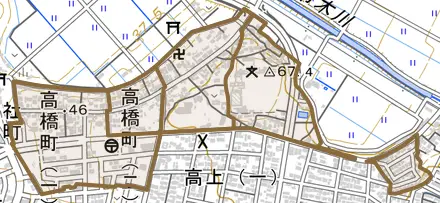 高橋町とその周辺の地図。町の範囲を重ねている