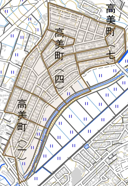 高美町とその周辺の地図。町の範囲を重ねている
