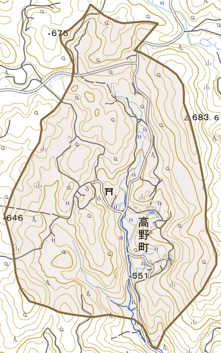 高野町とその周辺の地図。町の範囲を重ねている