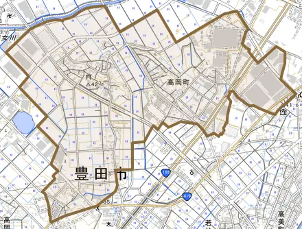 高岡町とその周辺の地図。町の範囲を重ねている